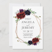 赤面ブルゴーニュフローラモダン金ゴールドフレ結婚ーム 招待状 (正面)