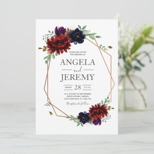 赤面ブルゴーニュフローラモダン金ゴールドフレ結婚ーム 招待状 (スタンド正面)