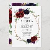 赤面ブルゴーニュフローラモダン金ゴールドフレ結婚ーム 招待状 (正面/裏面)