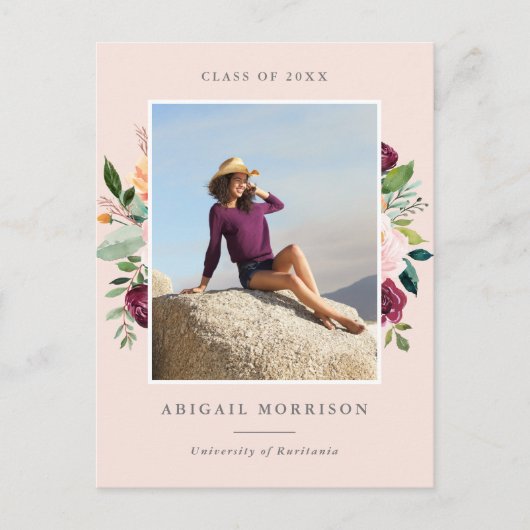 赤面ブルゴーニュフローラ写真卒業パーティー インビテーションポストカード (正面)