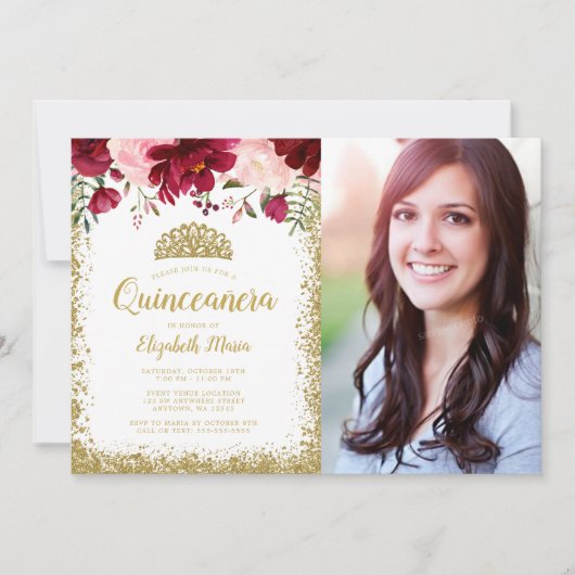 赤面ブルゴーニュフローラ金ゴールドティアラキンセアニェラ写真 招待状 (正面)