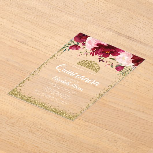 赤面ブルゴーニュフローラ金ゴールドティアラキンセアニェラ アクリル招待状 (レイダウン)