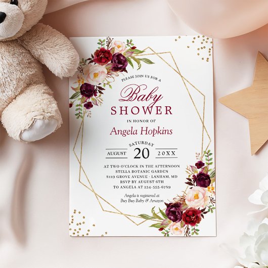 赤面ブルゴーニュフローラ金ゴールドフレーム赤ちゃんシャワー 招待状