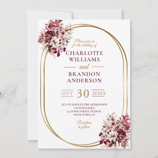 赤面ブルゴーニュフローラ金ゴールドモダンフレーム結婚ズ 招待状 (正面)