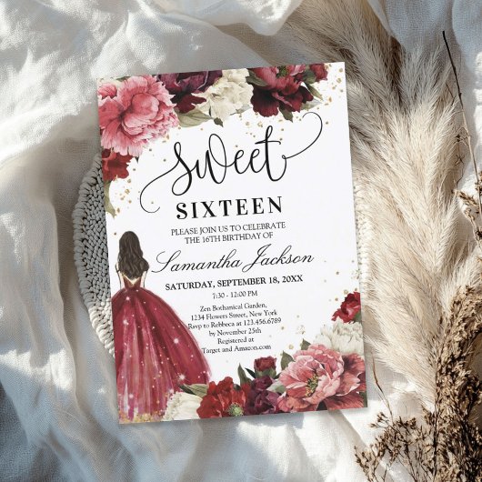 赤面ブルゴーニュマルーン花プリンセスドレス 招待状