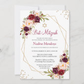 赤面ブルゴーニュレッドフローラ幾何学的バルミツワー 招待状 (正面)