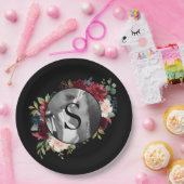 赤面ブルゴーニュ写真モノグラム結婚フローラ ペーパープレート (パーティー)