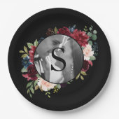 赤面ブルゴーニュ写真モノグラム結婚フローラ ペーパープレート (正面)