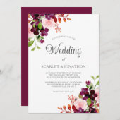 赤面ブルゴーニュ水彩秋のフローラ結婚ズ 招待状 (正面/裏面)
