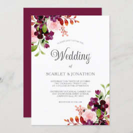 赤面ブルゴーニュ水彩秋のフローラ結婚ズ 招待状