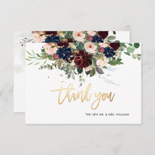 赤面ブルゴーニュ海軍フラワーズサンキューフェイク金ゴールド 招待状 (正面/裏面)