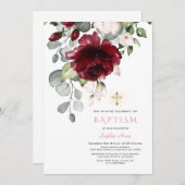 赤面ブルゴーニュ花金ゴールドクロスガールバプテスマ 招待状 (正面/裏面)