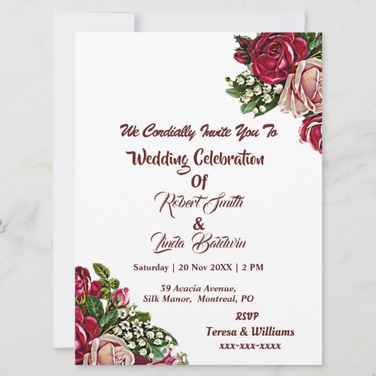 赤面ブルゴーニュ赤素朴バラカントリーウェディング 招待状 (正面)