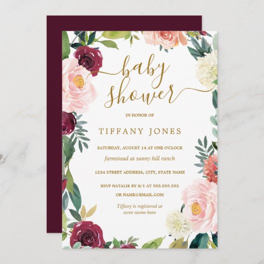 赤面ブルゴーニュ金ゴールドフローラベビーシャワー招待状 招待状 (正面/裏面)