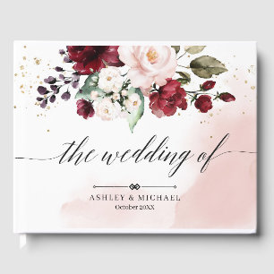 赤面ブルゴーニュ&ピンクフローラ結婚ズゲストブック ゲストブック