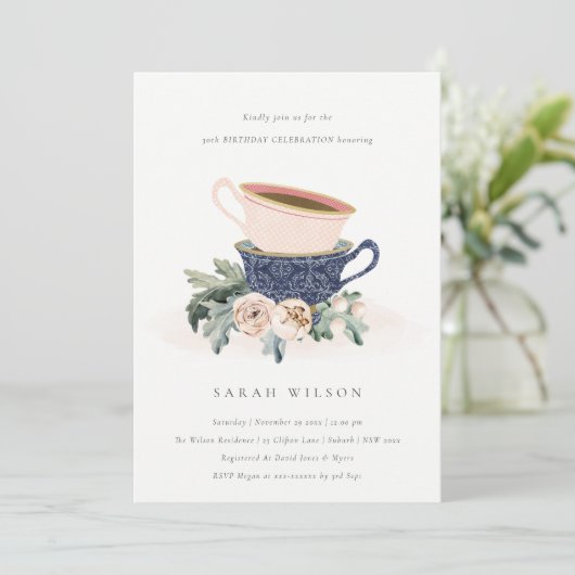 赤面ブルーカップフローラエイジ誕生日招待状 サンキューカード (スタンド正面)