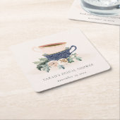 赤面ブルーカップフローラブライダルシャワーティーパーティー スクエアペーパーコースター (アングル)