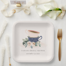 赤面ブルーカップフローラブライダルシャワーティーパーティー ペーパープレート