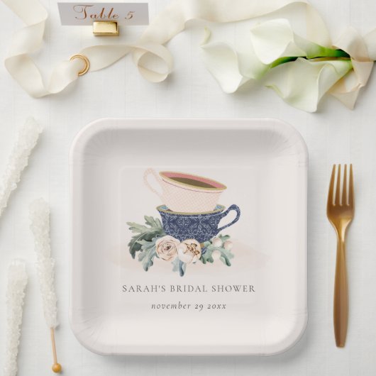 赤面ブルーカップフローラブライダルシャワーティーパーティー ペーパープレート (ウェディング)