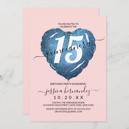 赤面ブルーガーリーグリッターハートバルーンキンセアニラ 招待状 (正面/裏面)