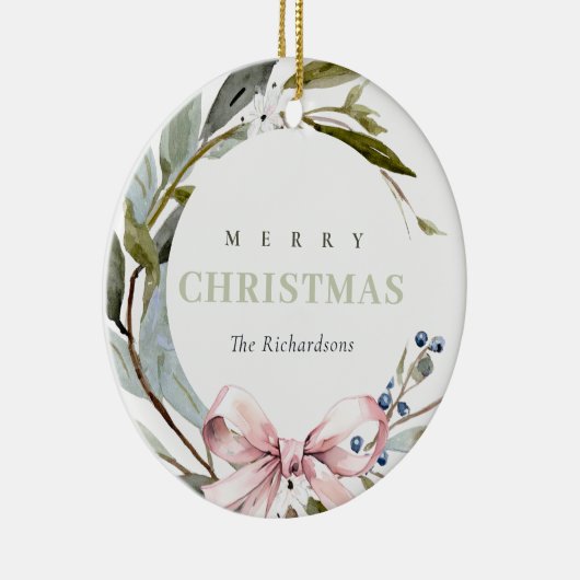 赤面ブルーグリーンウィンタークリスマスリース写真 セラミックオーナメント (右)