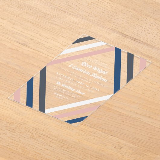 赤面ブルーグレイストライプダイヤモンドモダンズ結婚ズ アクリル招待状 (レイダウン)