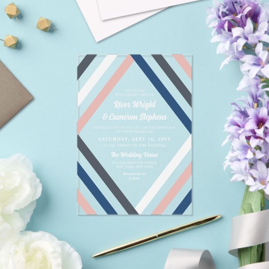 赤面ブルーグレイストライプダイヤモンドモダンズ結婚ズ アクリル招待状 (インサイチュ (ウェディング))