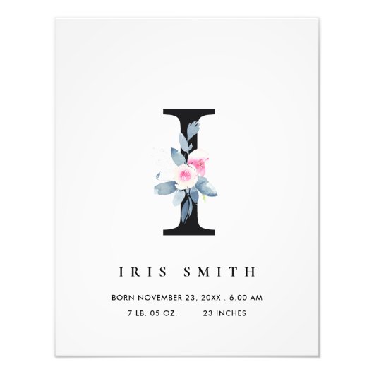 赤面ブルーフローラアルファベット名Iベビー誕生統計 フォトプリント            (正面)