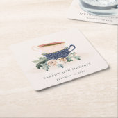 赤面ブルーフローラスタックティーカップ任意の年齢誕生日 スクエアペーパーコースター (アングル)