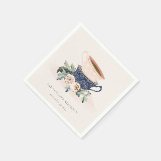 赤面ブルーフローラスタックティーカップ任意の年齢誕生日 スタンダードカクテルナプキン (角)