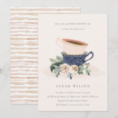 赤面ブルーフローラブライダルシャワーティーパーティー招待状 サンキューカード (正面/裏面)