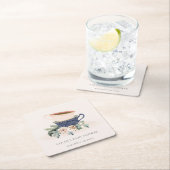 赤面ブルーフローラ積み上げティーカップベビーシャワー スクエアペーパーコースター (インサイチュ)