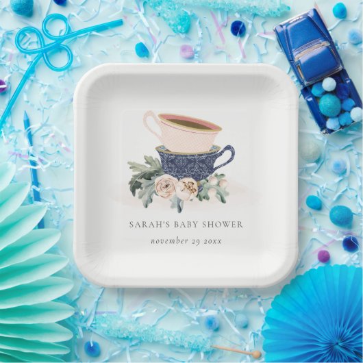 赤面ブルーフローラ積み上げティーカップベビーシャワー ペーパープレート (パーティー)