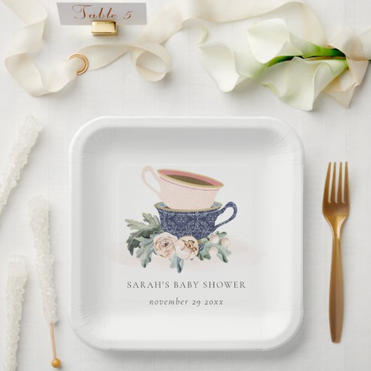 赤面ブルーフローラ積み上げティーカップベビーシャワー ペーパープレート (ウェディング)