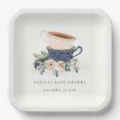 赤面ブルーフローラ積み上げティーカップベビーシャワー ペーパープレート (正面)