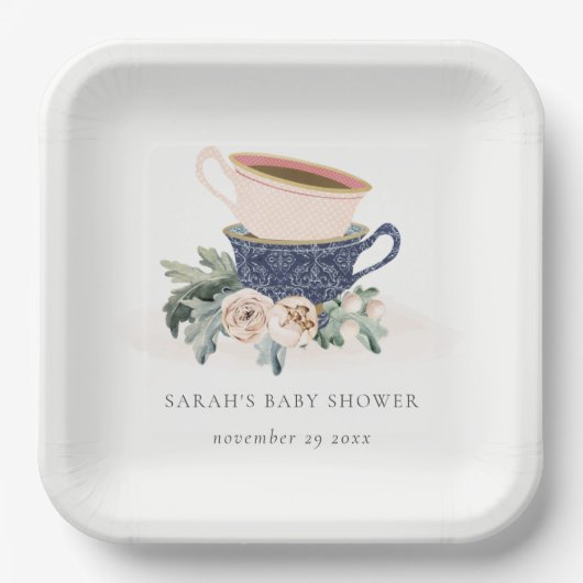 赤面ブルーフローラ積み上げティーカップベビーシャワー ペーパープレート (正面)