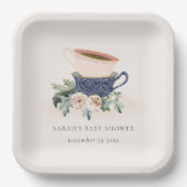 赤面ブルーフローラ積み上げティーカップベビーシャワー ペーパープレート (正面)