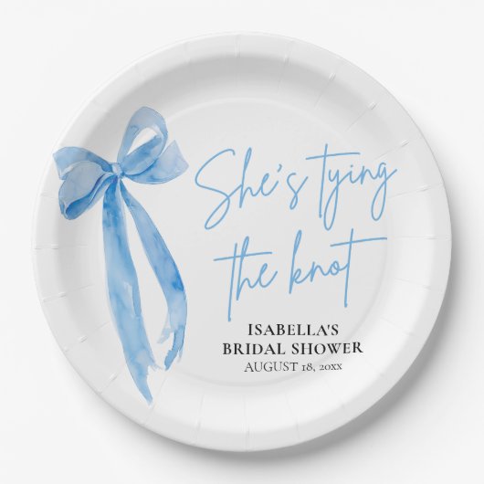 赤面ブルーボウ彼女は結び目ブライダルシャワー ペーパープレート (正面)