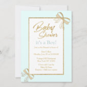 赤面ブルー金ゴールドグリッターボウボーイベビーシャワー 招待状 (正面)