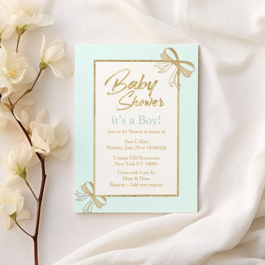 赤面ブルー金ゴールドグリッターボウボーイベビーシャワー 招待状