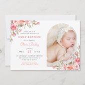 赤面ブーケフローラベビーガール写真バプテスマ 招待状 (正面)