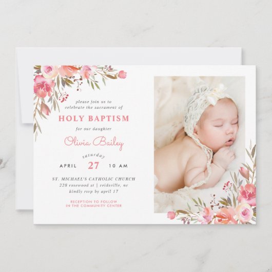 赤面ブーケフローラベビーガール写真バプテスマ 招待状 (正面)