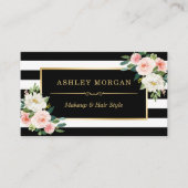 赤面ホワイトグリーンフローラ白黒ストライプ 名刺 (正面)