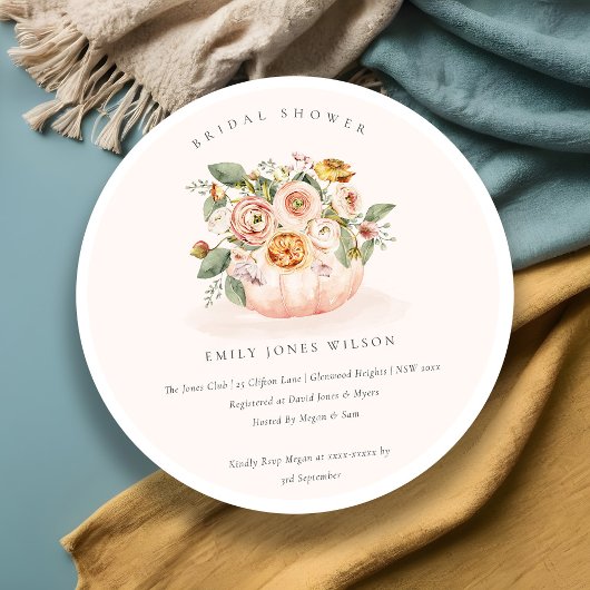 赤面ホワイトパンプキンフローラブライダルシャワー招待状 サンキューカード