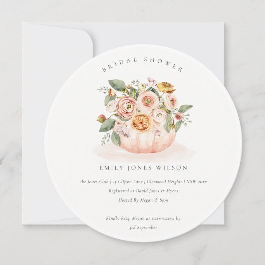 赤面ホワイトパンプキンフローラブライダルシャワー招待状 サンキューカード (正面)