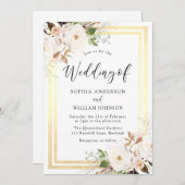 赤面ホワイトフラワーズ縁ど金ゴールドワンダーラ結婚ンド 招待状 (正面/裏面)