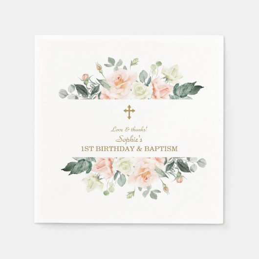 赤面ホワイトフラワーズ金ゴールドガール1st誕生日バプテスマ スタンダードカクテルナプキン (正面)