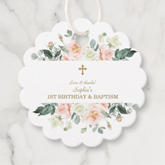 赤面ホワイトフラワーズ金ゴールドガール1st誕生日バプテスマ フェイバータグ (正面)