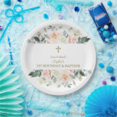 赤面ホワイトフラワーズ金ゴールドガール1st誕生日バプテスマ ペーパープレート (パーティー)