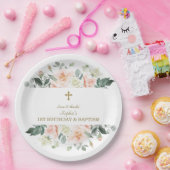 赤面ホワイトフラワーズ金ゴールドガール1st誕生日バプテスマ ペーパープレート (パーティー)